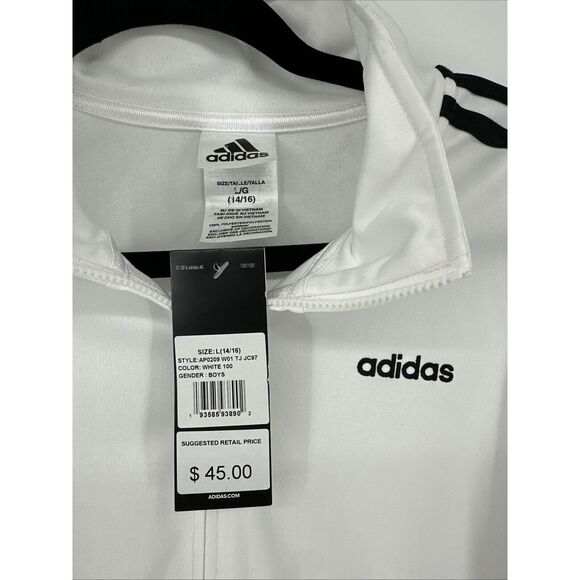 Adidas Jacket Boys Large (14-16) White Windbreaker Soft Athletic Running NWT - Picture 4 of 11